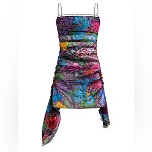 AREA Crystal Embellished Printed Tulle Mini Dress